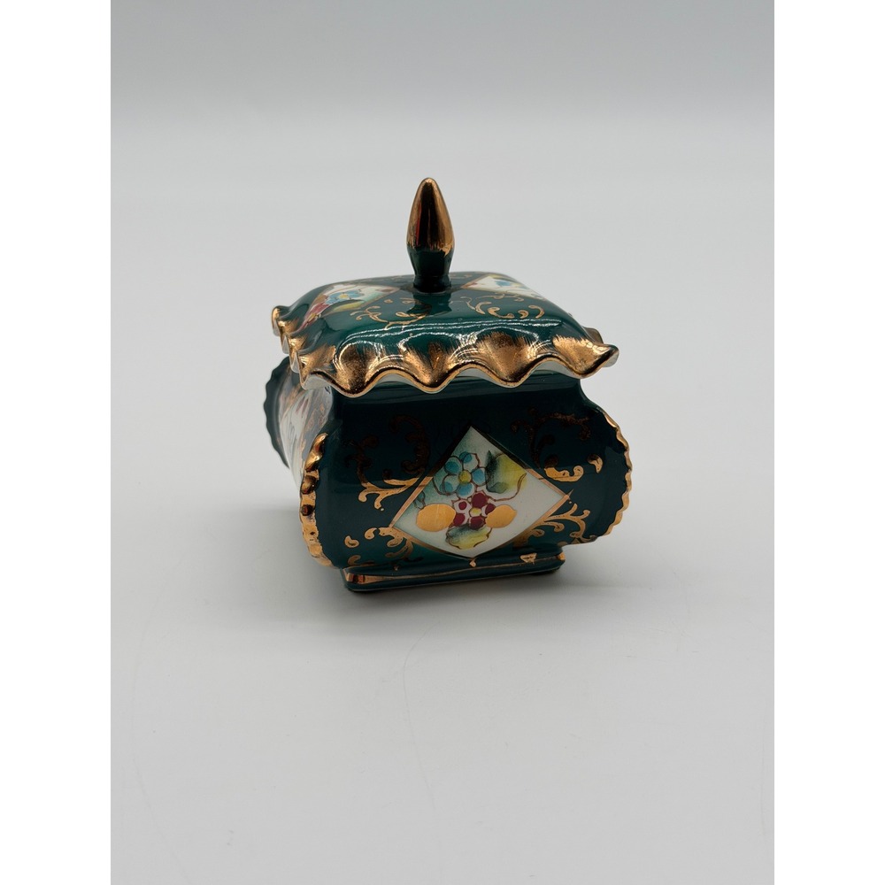 Vintage Emerald Green Porcelain Trinket Box Gold Gilt Floral Scalloped Lid